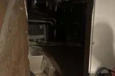 Thumbnail for Dark basement room with exposed pipes, ducts, and insulation, viewed through a wooden door opening.