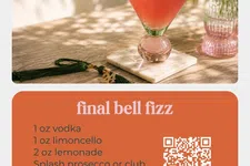 Thumbnail for Pink final bell fizz cocktail on marble coaster with lemon garnish and recipe card for vodka lemonade drink.