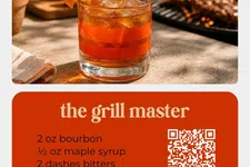 Thumbnail for Cocktail named The Grill Master with bourbon and orange peel garnish next to outdoor grill and text recipe details.