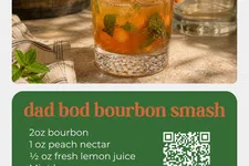 Thumbnail for Glass of Dad Bod Bourbon Smash cocktail with mint and peach garnish on a table with recipe details.