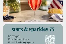 Thumbnail for Red gin cocktail with blueberries and lemon twist in a champagne flute on a table with American flag and flowers.