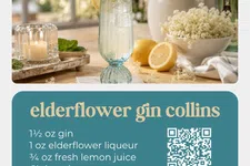 Thumbnail for Elderflower gin collins cocktail with lemon wheel and mint garnish, recipe and ingredients shown.