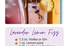Thumbnail for Lavender Lemon Fizz cocktail with lemon wheel and lavender sprig in a textured glass next to a bottle.