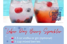 Thumbnail for Two berry sparkling drinks with ice and mixed berries next to a swimming pool under bright light.