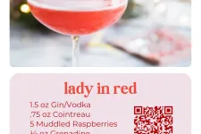 Thumbnail for Cocktail glass filled with a pink Lady in Red drink garnished with a fresh raspberry on a pick.