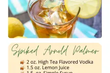 Thumbnail for Spiked Arnold Palmer cocktail with ice cubes and lemon wedge garnish on a blue-striped surface.