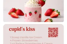 Thumbnail for Strawberry milkshake with whipped cream and fresh strawberries in a decorated glass with a heart straw.