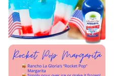 Thumbnail for Bottle of Rancho La Gloria's Rocket Pop Margarita next to red, white, and blue popsicles with American flags.
