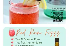 Thumbnail for Red Rum Fizzz cocktail with lemon slice and blackberry garnish alongside El Dorado rum bottle and recipe.