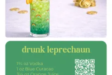 Thumbnail for Green and blue Drunk Leprechaun cocktail with ice, orange slice, cherry, and gold coins in background.
