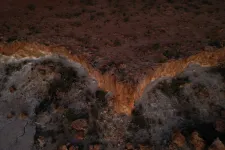 Thumbnail for Aerial view of rugged rocky terrain with a deep crevice cutting through dry, cracked earth and sparse vegetation.