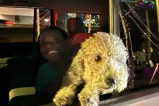 Thumbnail for Curly-haired dog leaning out of car window at night with child smiling inside vehicle.