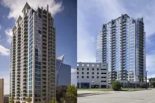 Thumbnail for Two modern high-rise residential buildings with glass facades under a partly cloudy sky in an urban setting.