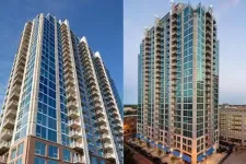 Thumbnail for Modern high-rise glass apartment building with balconies during day and night urban views