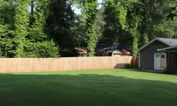Thumbnail control image for a fenced in yard with a house and trees in the background