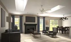 Thumbnail control image for a living room with a fireplace and a tv with skylights installed