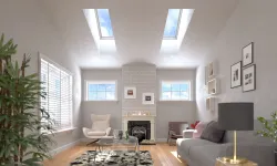Thumbnail control image for a living room with a fireplace and couch with skylights installed