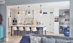 Thumbnail control image for a kitchen with white cabinets and a blue island