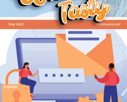 Illustration of two people with cybersecurity icons like lock, envelope, and gears representing IT compliance and security.