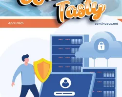 Cybersecurity illustration with shield, login screen, cloud lock, servers, and text about IT and compliance benefits.