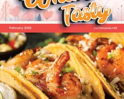 Close-up of grilled shrimp tacos with chopped onions and cheese, featured on a food-themed magazine cover.