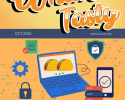 IT and cybersecurity themed graphic with laptop showing tacos and security icons around it.