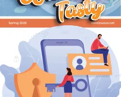 Cybersecurity concept with people, smartphone, shield lock, and key on a tech-themed magazine cover.