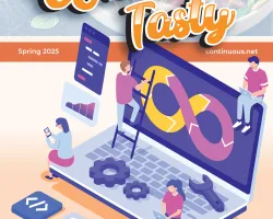 Illustration of people interacting with a laptop displaying an infinity loop, promoting IT, cybersecurity, and compliance services.