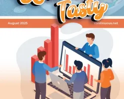 Illustration of four people analyzing bar charts on a laptop, promoting IT, cybersecurity, and compliance solutions.