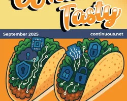 Illustration of tacos filled with cybersecurity icons promoting IT and compliance for September 2025.