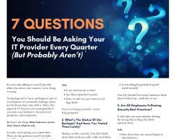Digital flyer showing 7 questions for IT providers with a diverse team and tech-themed question marks background.