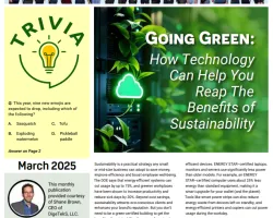 A tech newsletter featuring articles on sustainability and cloud computing benefits.