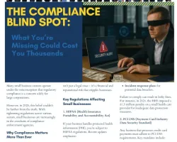 Blindfolded man at laptop with security alert, highlighting compliance risks and regulations for small businesses.