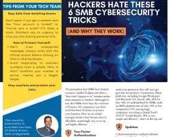 Cybersecurity tips for SMBs, highlighting safety against scams and hacking threats.