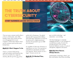 Magazine cover about cybersecurity myths every business leader should know with a magnifying glass on circuit board.