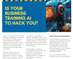 Tech Chronicle cover asking if business training AI can hack you, featuring AI robot and diverse team photo.
