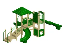 Green and beige children's playground set with slides, climbing walls, stairs, and a small roof
