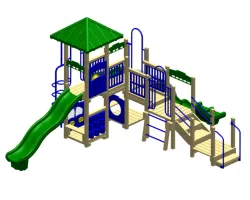 3D rendering of a multi-level outdoor playground structure with slides, climbing bars, and a green roof.