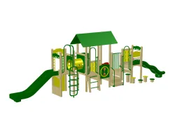Colorful children's playground structure with slides, climbing elements, and interactive panels in green and yellow.