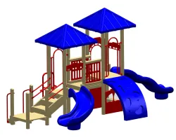 Children's playground structure with blue roofs, slides, climbing wall, and stairs on white background