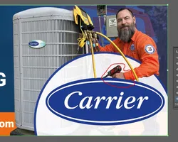 Technician in orange uniform servicing Carrier air conditioning unit with gauges and tools visible