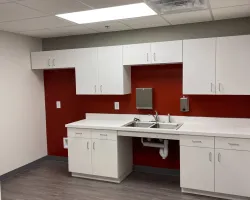 Modern kitchen area with white cabinets, double sink, red backsplash, and gray wood flooring under bright ceiling lights