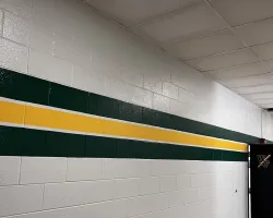 White hallway wall with green and yellow stripes and a black door featuring WF logo under fluorescent ceiling lights.