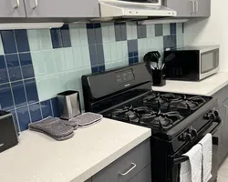 Modern kitchen corner with black gas stove, gray cabinets, blue tile backsplash, microwave, and countertop accessories.