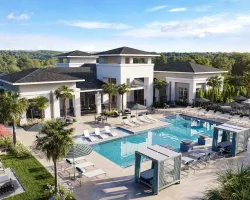 a house with a pool and trees