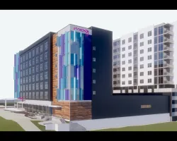 a large building with a blue sign