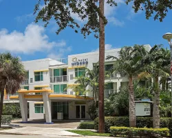 a building with palm trees