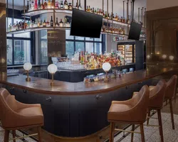 The Lowline by Hyatt JDV Hotel Custom Bar Millwork, Suspended Metal-and-Glass Liquor Shelving, Decorative Metal Focal Walls, and Island Quartz Countertop