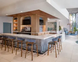 Hyatt Place Coconut Point in Estero, FL, Custom Bar Finishes, including Countertops, Wood Focal Wall, and Ceiling