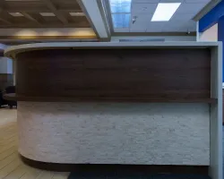 a wooden bench in a room